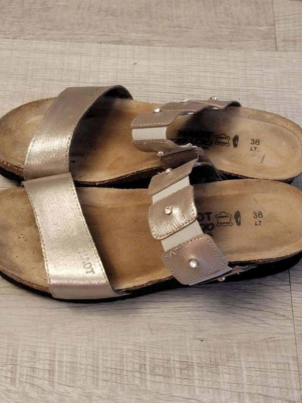 Naot Metallic Taupe Dual-Strap Slide Sandals Sz 38 women's